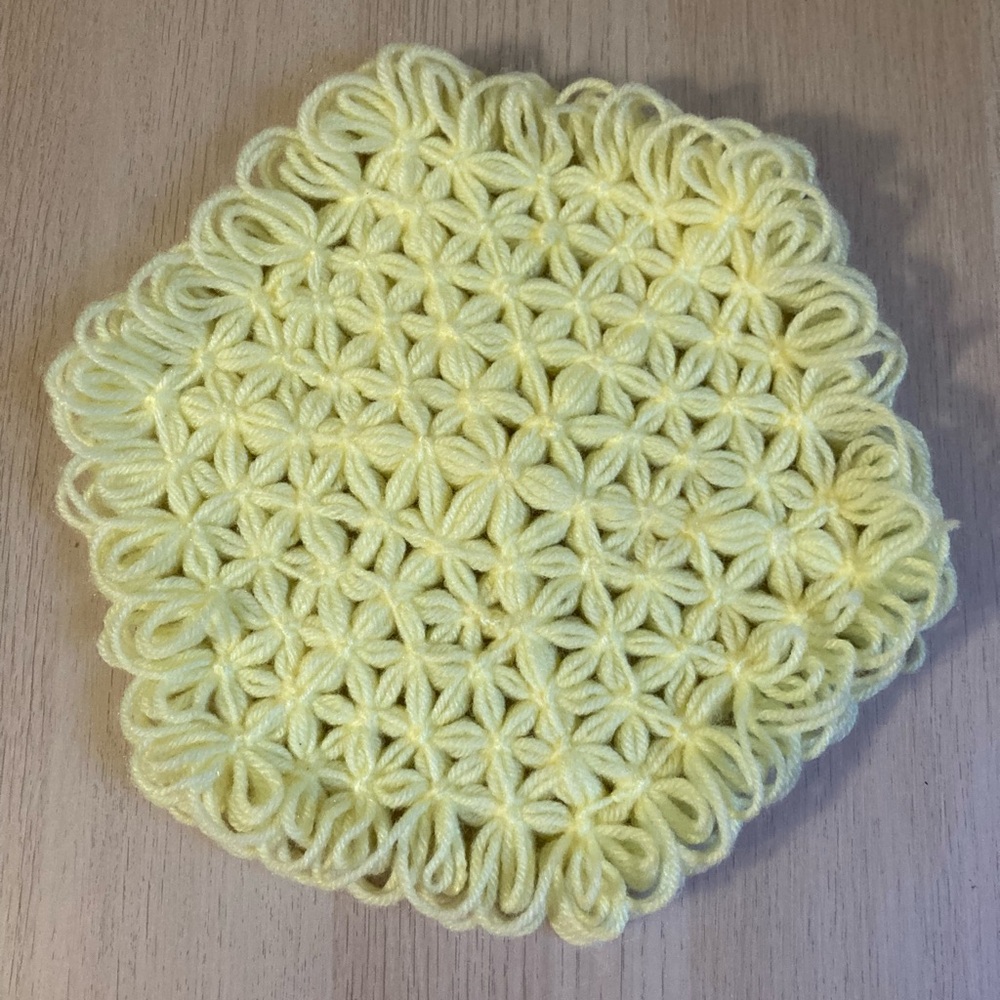 Vintage handmade trivet, knitted yarn, yellow, 70’s vibe